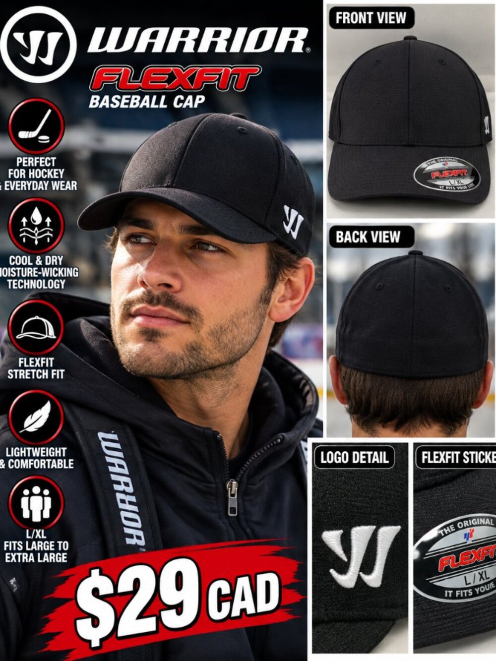 NWT Warrior Flexfit Black Hockey Baseball Cap – L/XL
